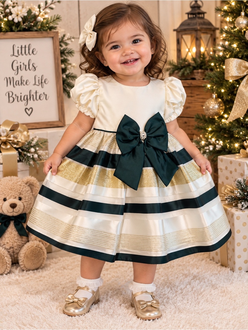 New w tags!Little Girls Ivory and Dark Green Striped Party Dress with Bow